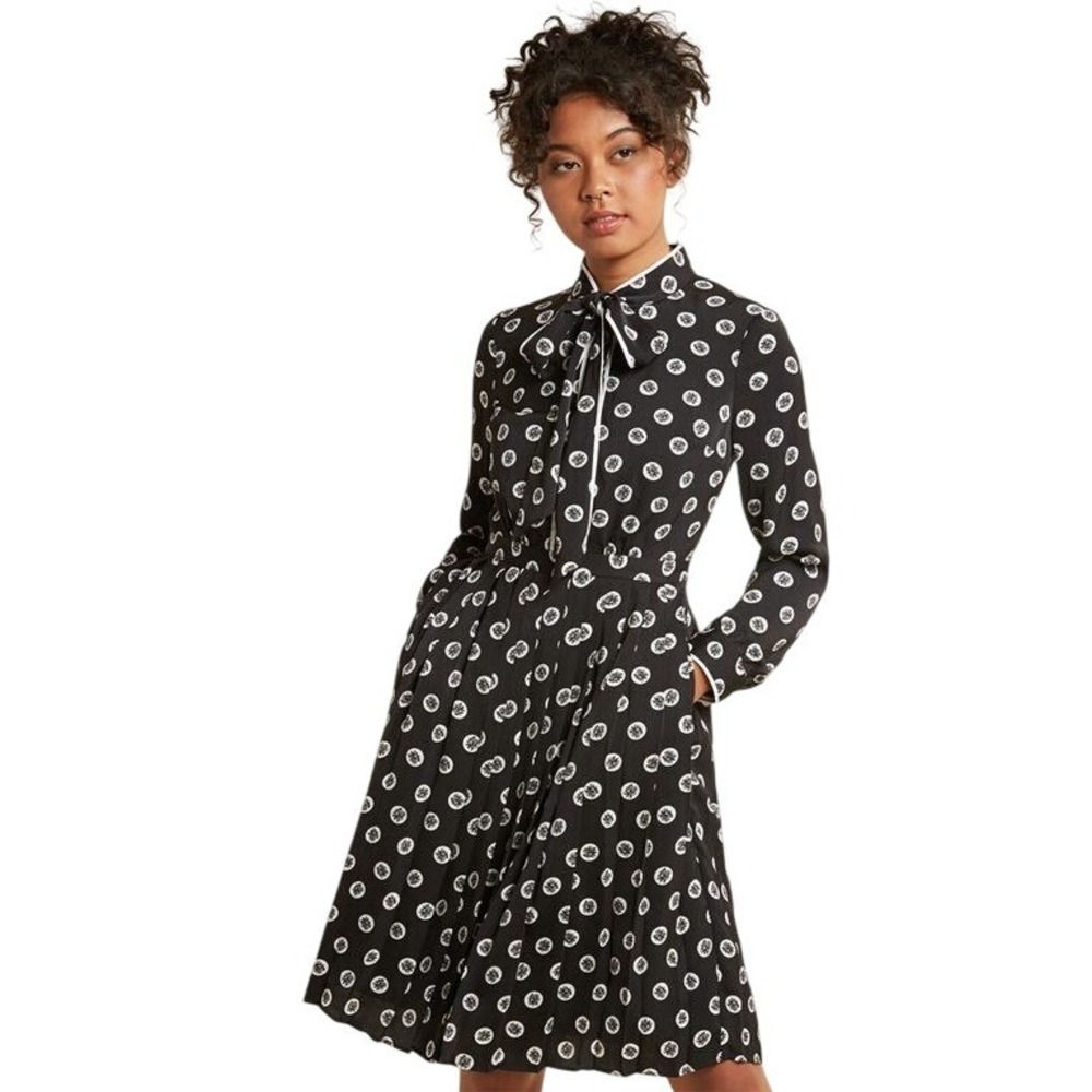 ModCloth Black White Floral Polka Dot Tie Neck Pleated A-Line Dress Medium
